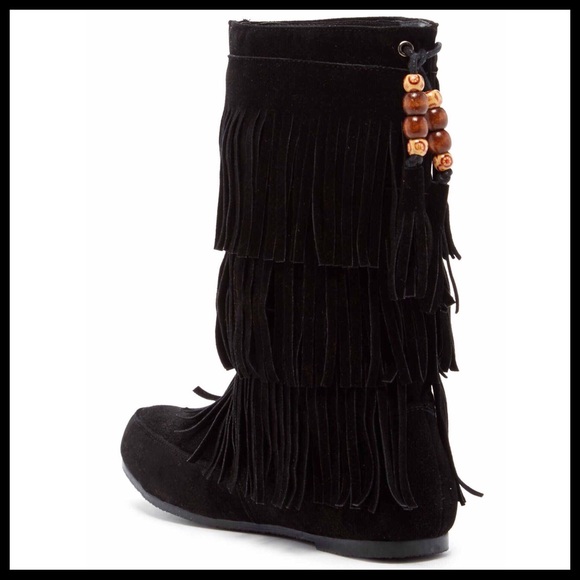 BLACK SIZE 11 FRINGE BOOTS BOHO FLAT BOOTIES A2C - Picture 2 of 8